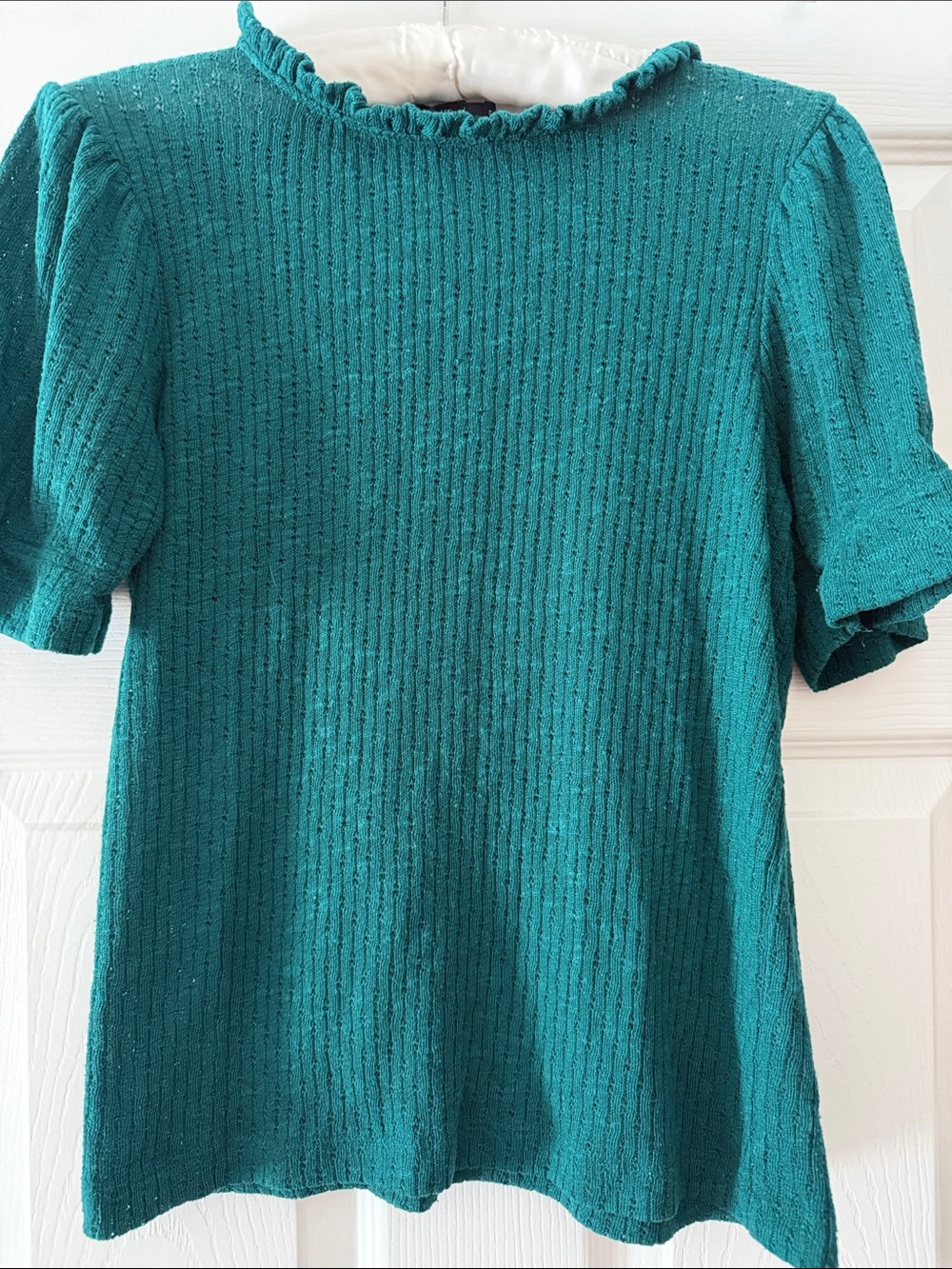 J. Crew Emerald Green Ruffle-Neck Short Sleeve Knit Top